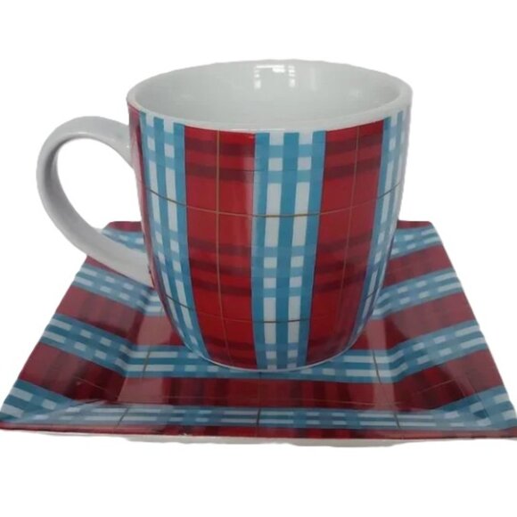 SECOND CUP Coffee Franchise Collector's Mug & Saucer Set Red & Blue Plaid Checks - Picture 1 of 6